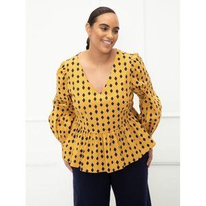Eloquii Elements V Neck Balloon Sleeve Geo Print Peplum Blouse - Size 20